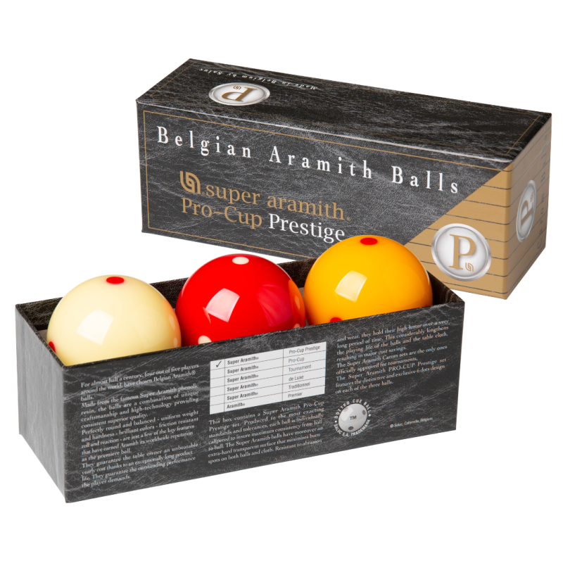 Boule de billard français carambole Aramith prestige, blanche, rouge et jaune